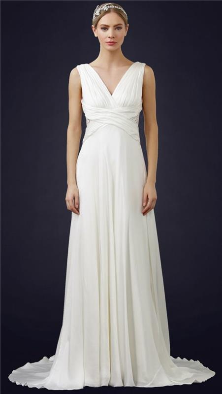 vznešená a elegantná silueta, grécke svadobné šaty s empírovým pásom a prekríženými ramienkami