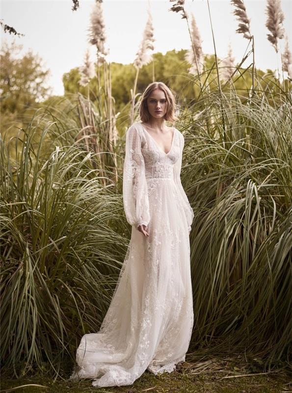 bridal couture mode 2019, dambröllopsoutfit, bohemisk bröllopsklänning med v-ringning och puffärmar