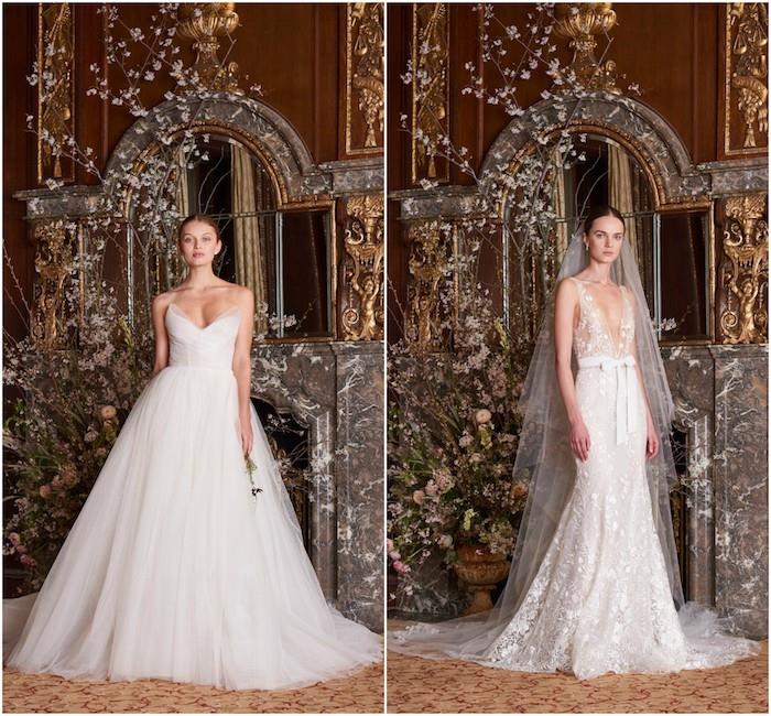 svadobné šaty haute couture, model bielych šiat s tylovou sukňou a výstrihom s asymetrickým výstrihom a svadobné šaty s kvetinovými vzormi na priehľadnom závoji