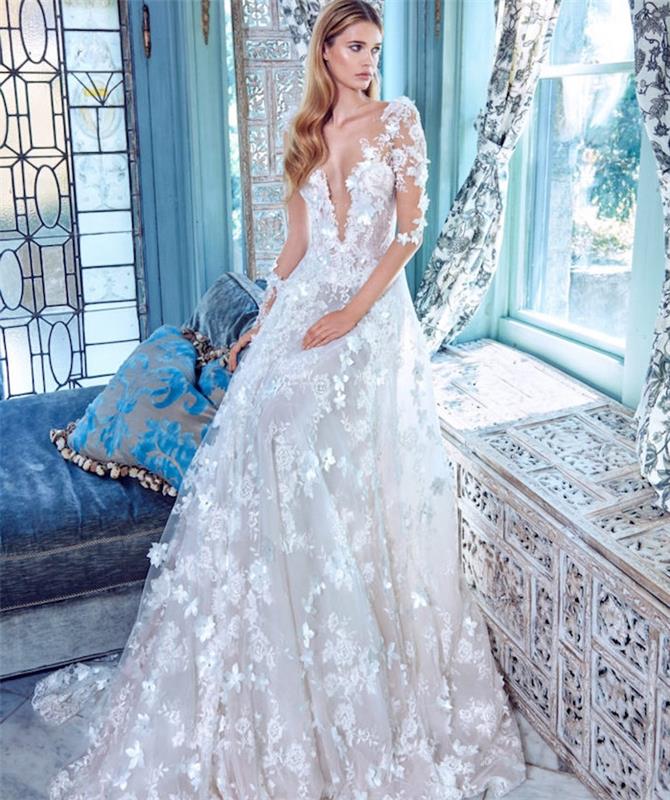 nevesta couture originálne šaty s vyšívanými kvetmi na svadobných šatách s priehľadnými rukávmi a čipkovými kvetmi