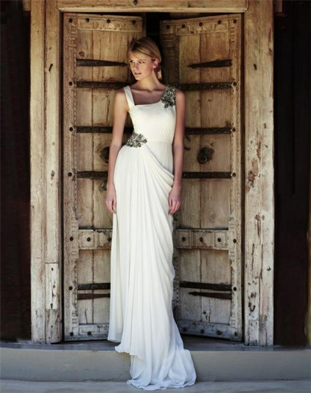 Grekisk gudinna, lång bröllopsklänning, asymmetrisk krage, blommig dekorationsrem