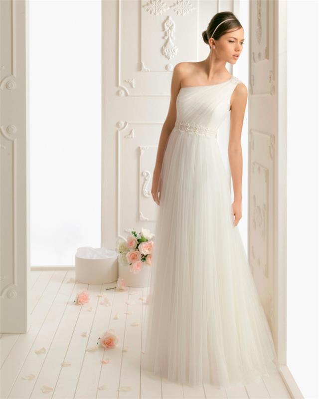 Grekisk klänning, asymmetrisk krage i vit färg, pärlbälte
