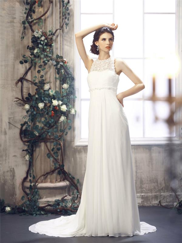 dlhé šifónové empírové šaty s čipkovým výstrihom, elegantný model