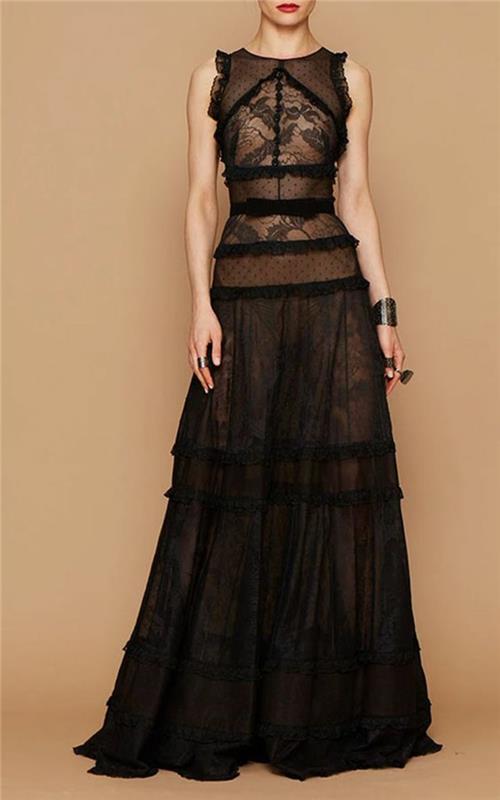 svart spetsklänning flödande flared klänning nyårsklänning ärmlös empirestil