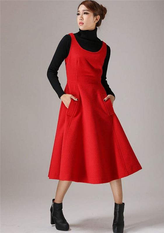 röd ärmlös-ull-klänning-med-två-små fickor