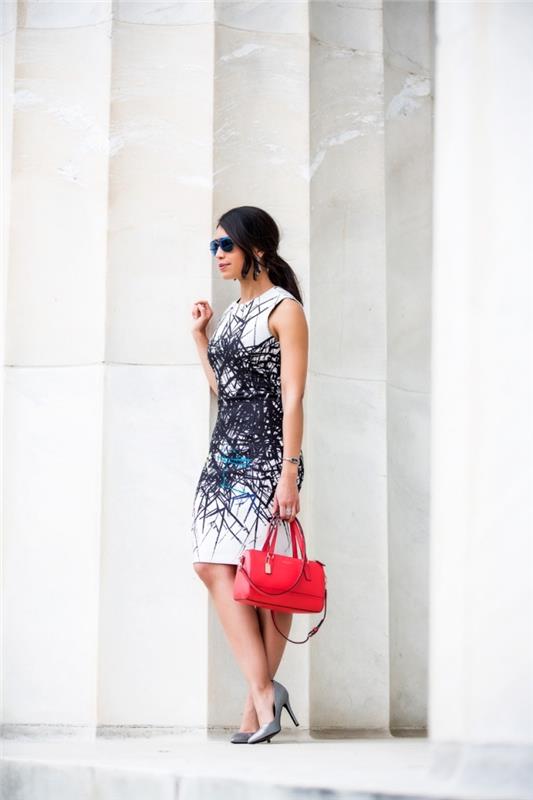 model červenej koženej kabelky, nápad na elegantný ženský obrad, biely model šiat s čiernou ozdobou