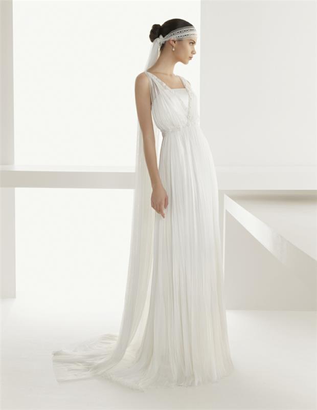 grekisk gudinna, vit och lång klänning, spetsband, spetsbröllopsslöja