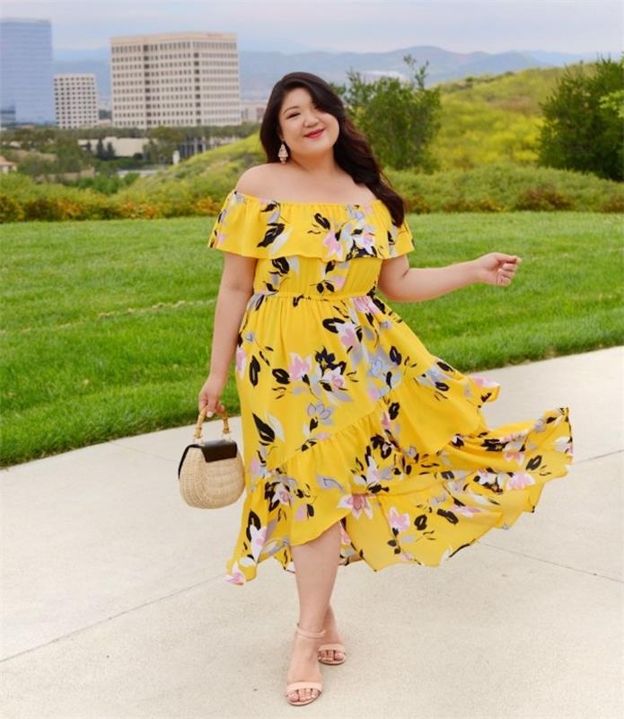 plus size moderné dámske šaty, žlté šaty s kvetinovou potlačou, trendová kabelka