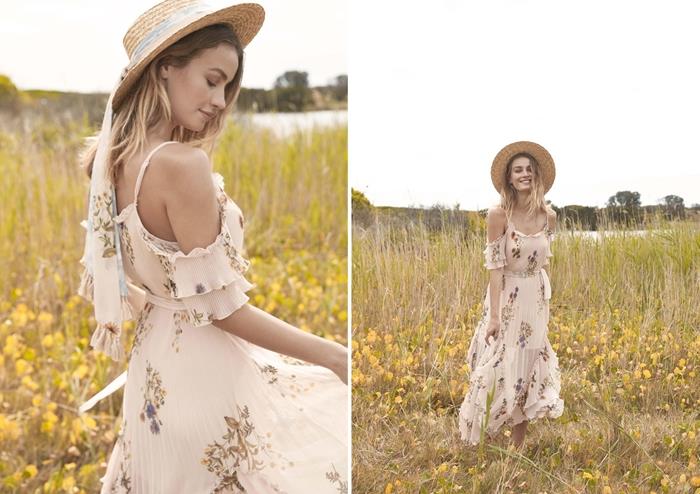 dlhé biele kvetinové šaty s ramienkami mimo ramena, bohémske elegantné splývavé šaty so slamenou čiapočkou, letné dámske oblečenie