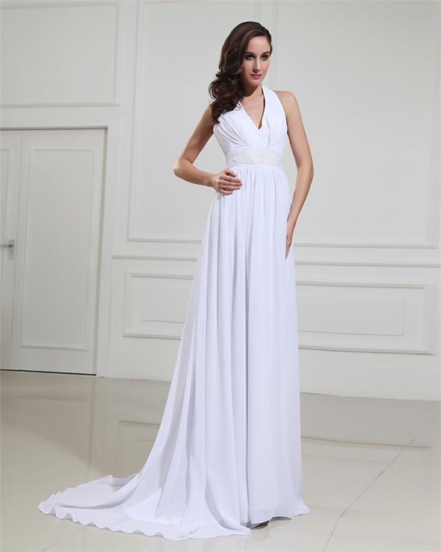 dlhé empírové šaty s čistými líniami, predĺžená silueta, svadobné šaty s opaskom s výstrihom do V.