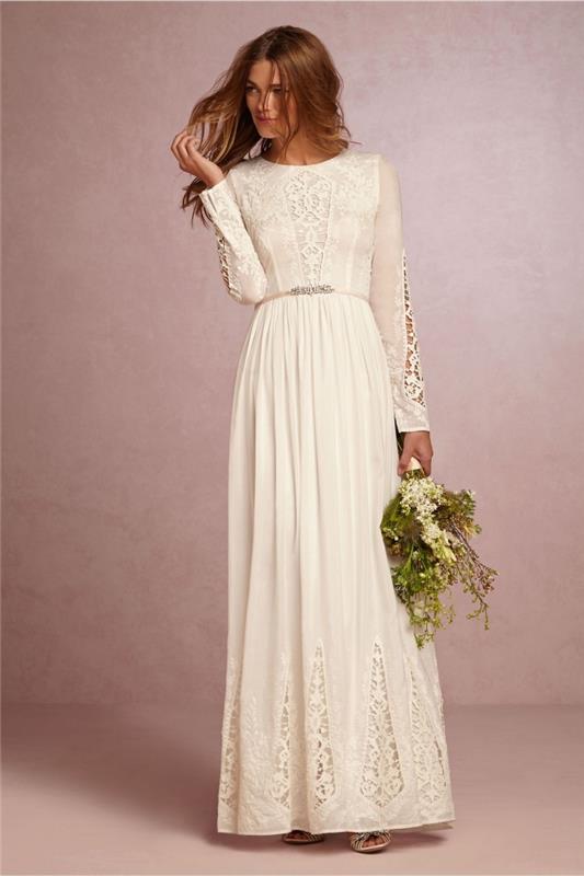 bröllopsklänning modell med lång ärm, idé lång vit klänning med bälte och spets applikationer