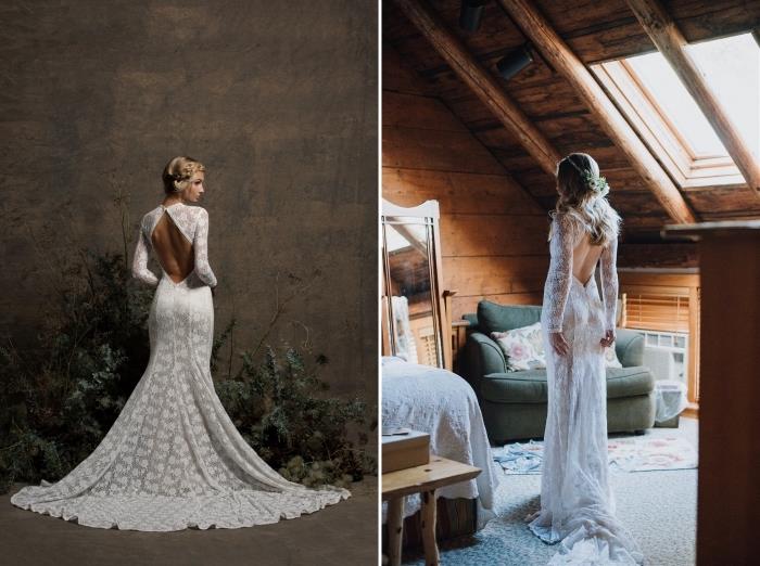 brudmode 2019, bröllopsklänningsmodell med diamantrygglös spets med långa ärmar och spetsmönstrat tåg