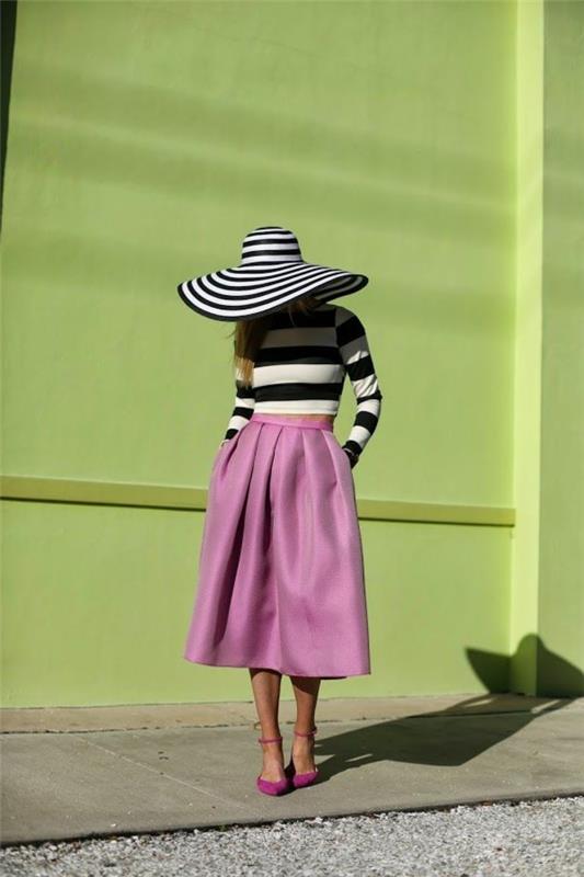 فستان متوسط ​​الطول - قبعة - وردي - مخطط - نسائي - موضة - أحذية - بكعب