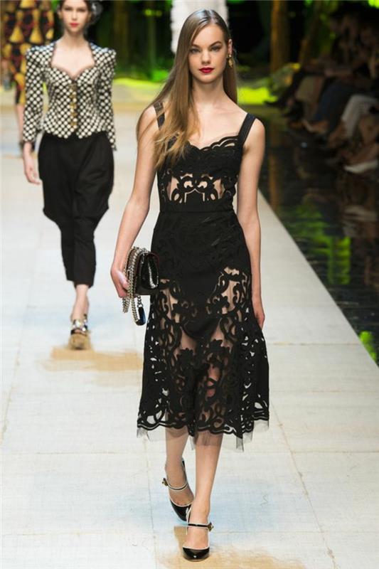 svart klänning med spetsar och utskjutande festklänningar utan ärmar sommar 2017 kollektion Dolce e Gabbana
