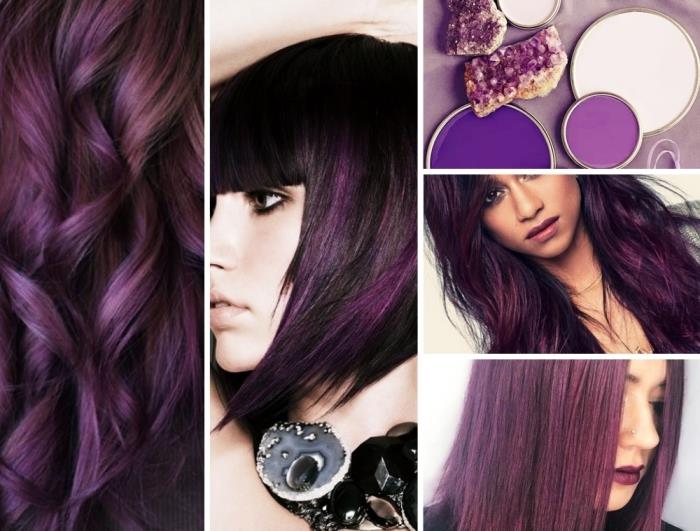 trendig lila färgning, grundläggande svartlagrad frisyr med lila höjdpunkter, naken läppmakeup