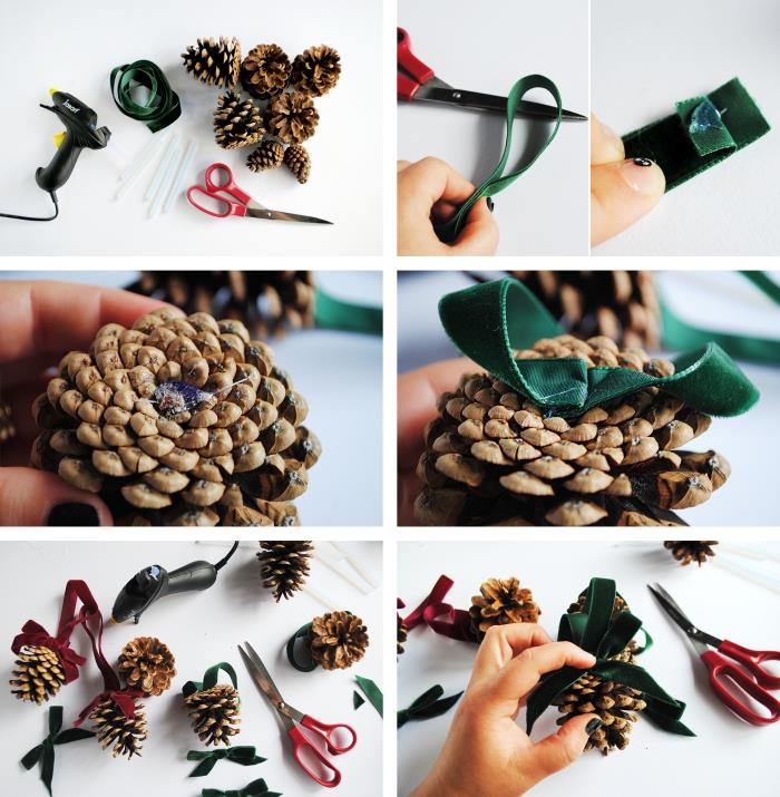 Lär dig hur du gör en enkel julgransprydnad, dekorationsmall för kottar med band
