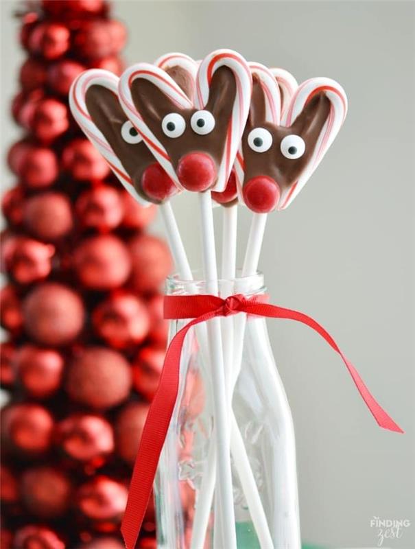 Rudolf sob s červeným nosom s tyčinkami mäta pieporná čokoládový nos červené cukríky cukrové oči vyrábajú domáce čokolády