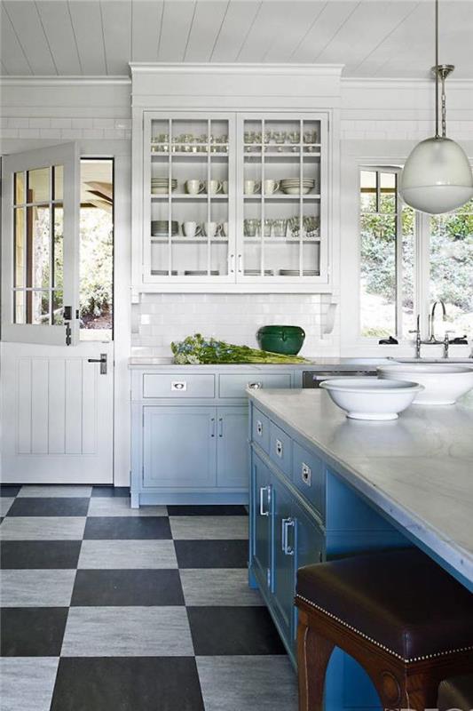Rustikálna biela kuchynská výzdoba, predstava, akú farbu do kuchyne, klasická čiernobiela kuchynská farebná dlažba