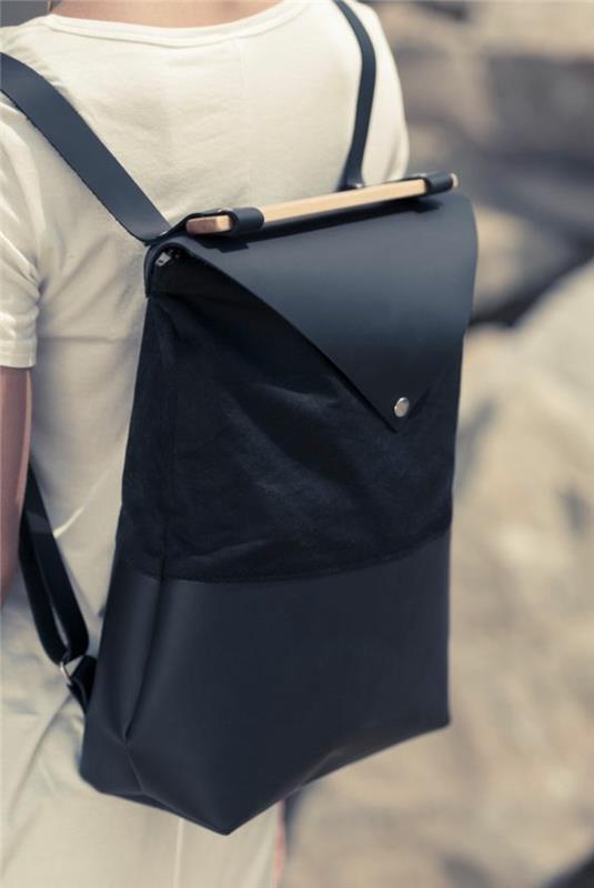 svart rektangulär ryggsäck med trähandtag av stiliserad skolväska