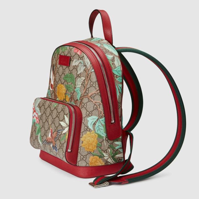 vintage ryggsäck för kvinnor i rött och imiterat broderi med blommor och fåglar
