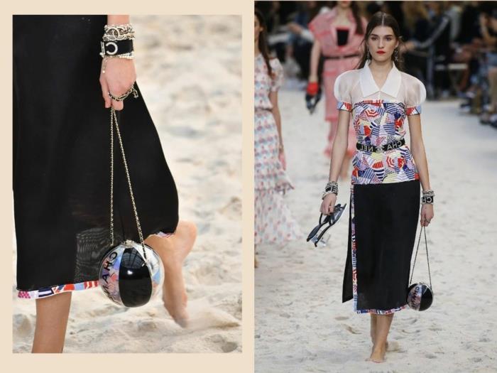 skålväska som ser ut som en boll, svart kjol, original handväska för sommaren