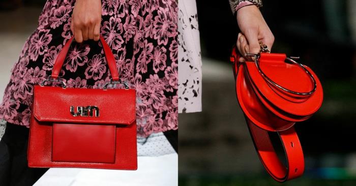 röd handväska, originalfickor, liten rund väska, damskolväska, rosa och svart blommig klänning