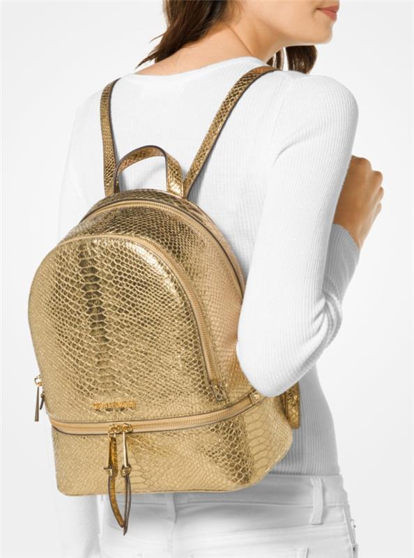 trendig kvinnors ryggsäck i gyllene krokofärgade blanka Michael Kors