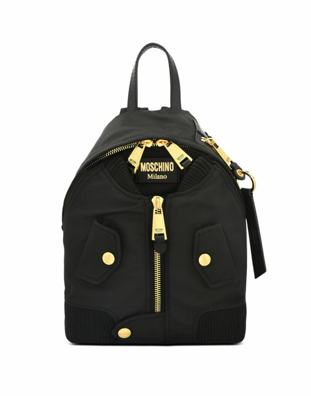 vintage Moschino -ryggsäck med 3 stora dragkedjor och en stilig lookimitation av elegant skjortafront
