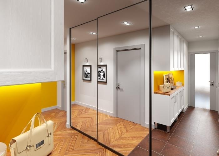 s akou farbou spájať žltú v modernej výzdobe chodby a vchodu, moderná predsieňová skriňa so zrkadlovými dverami