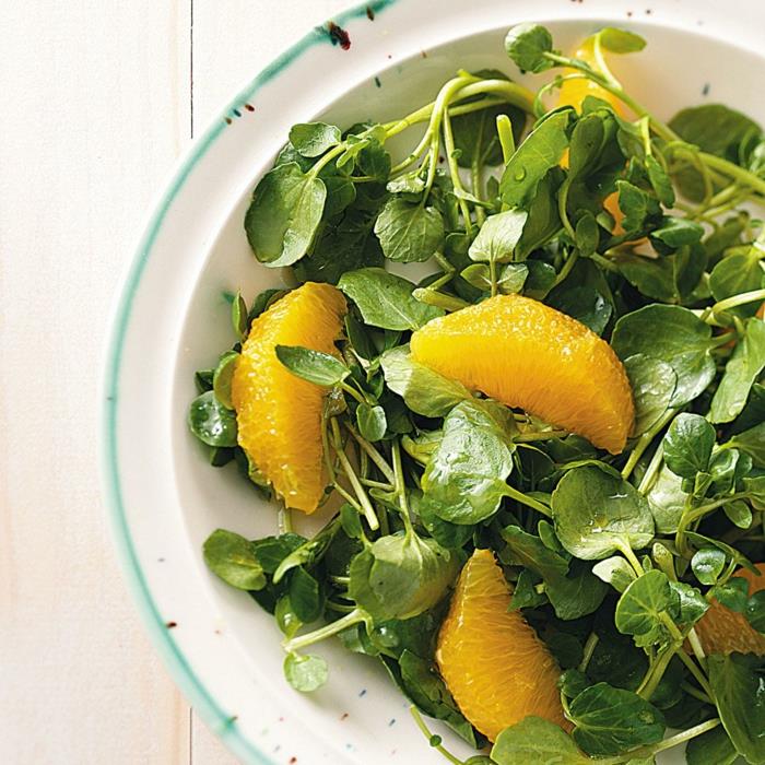 vattenkrasse och apelsiner sallad, lätt påskreceptidé, vårgrön sallad, frukt och grönsaker
