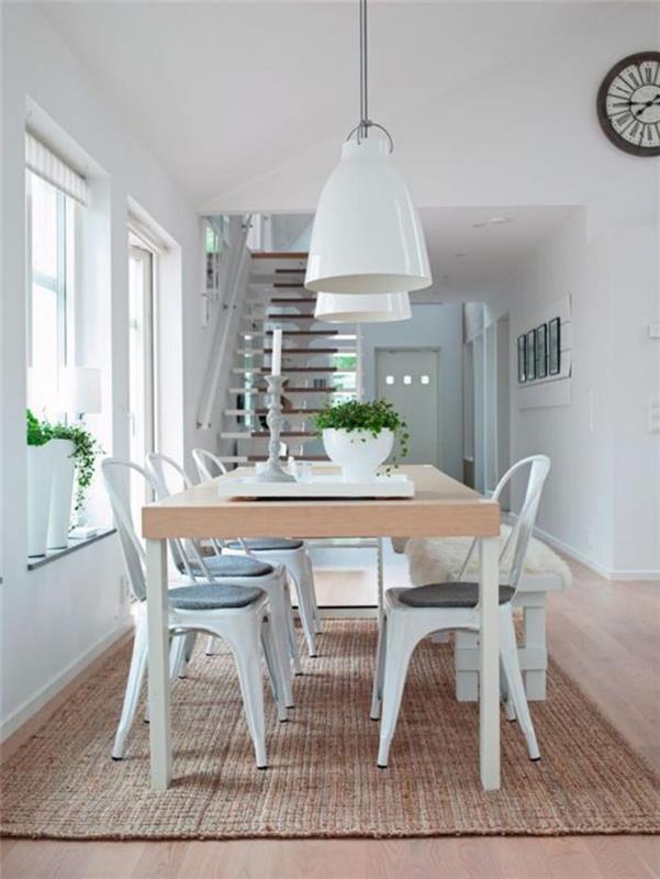 škandinávsky-jedáleň-veľký-škandinávsky-dizajn-stôl-jutový koberec