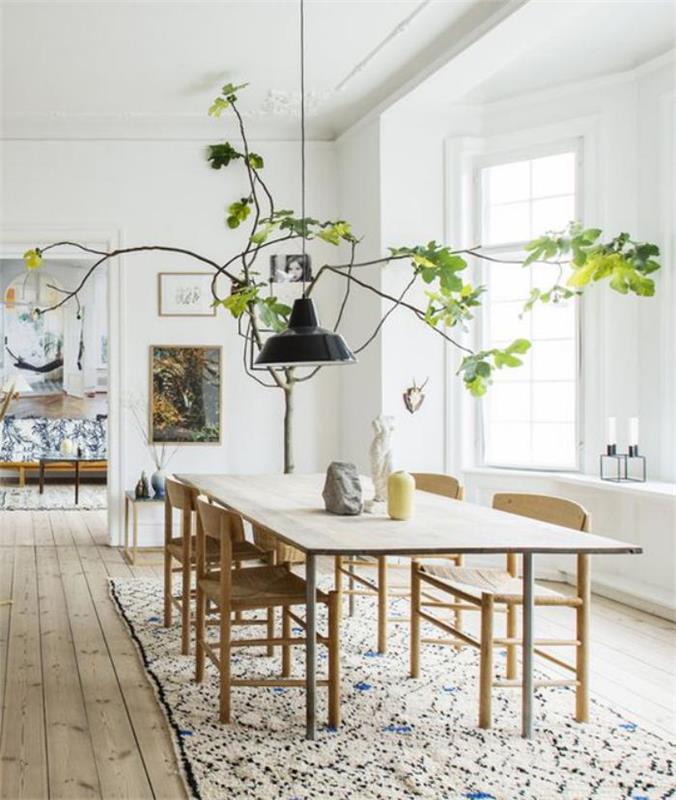 Škandinávska-jedáleň-drevená podlaha-deko-zelená-rastlina