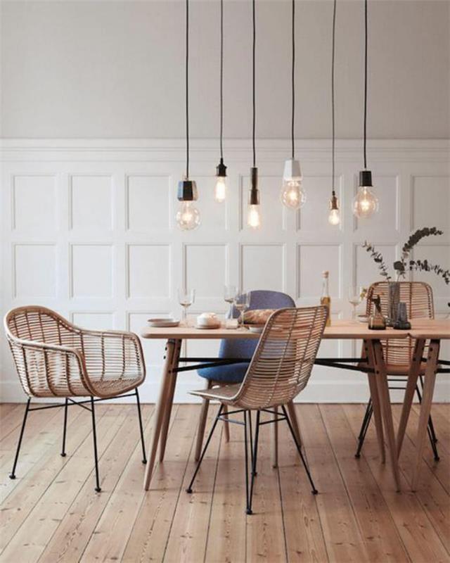 Škandinávske-jedáleň-závesné svetlá-žiarovky-podlaha-v-drevených doskách