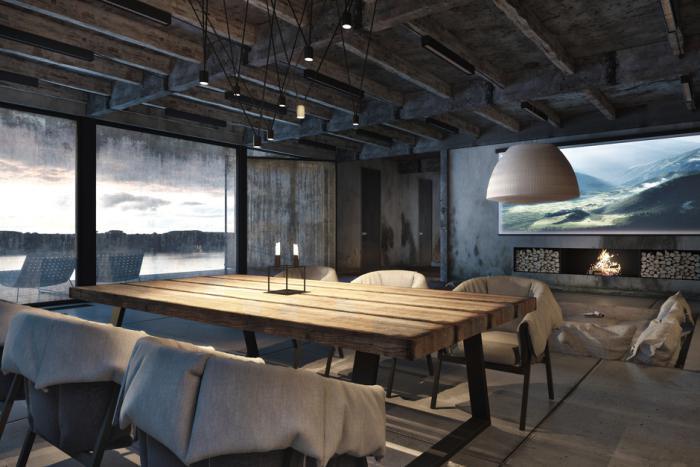 rustikálno-industriálny štýl-jedáleň-čalúnené-stoličky-strop-odhalené-trámy