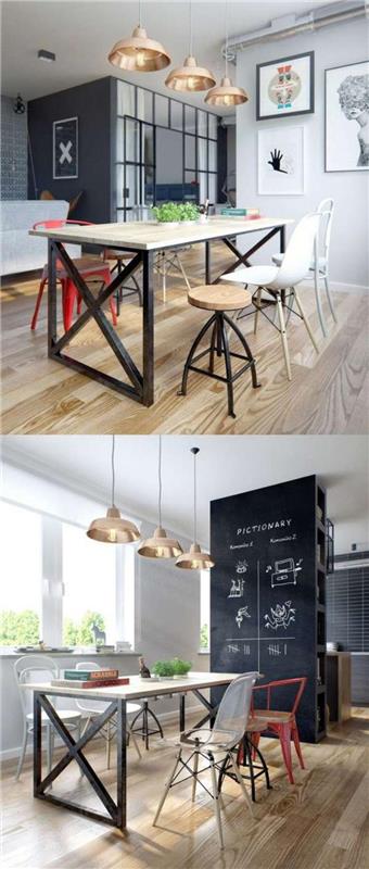 priemyselný štýl-jedáleň-priemyselný-štýl-vysoké-stoly-a-barové stoličky
