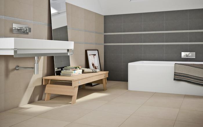 renovovaný béžový a sivý model kúpeľne, béžový obklad do kúpeľne s obložením, šedé a béžové obklady do kúpeľne
