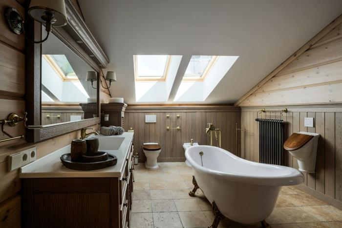 biela vaňa, veľký umývadlo, rámové zrkadlo, drevené steny, podkrovná kúpeľňa, strešné okno
