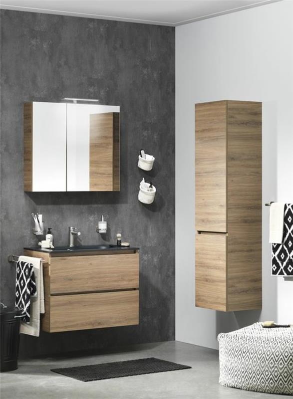 nábytok do kúpelne-stena-dvojfarebná-antracitová-béžová-bledá-drevená