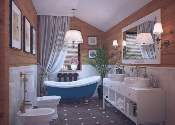 čierna dlažba, biela skrinka s dvoma umývadlami, drevená doska, biela a modrá vaňa, kúpeľňa v podkroví, veľké obdĺžnikové zrkadlo