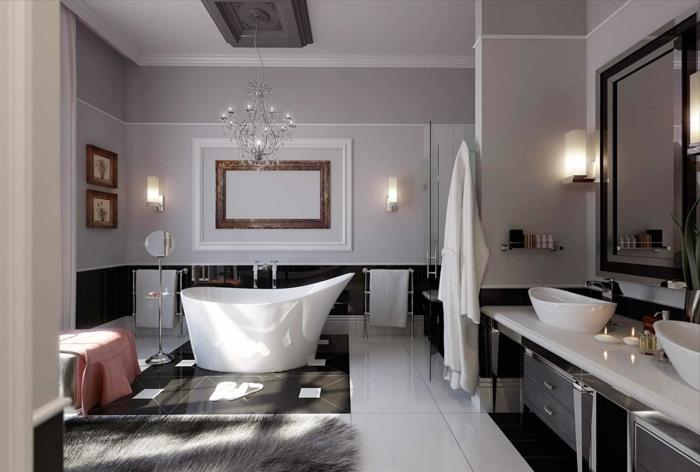 svartvitt badrum, två vita handfat, rektangulär spegel, subtil armatur, hårig matta, grå väggfärg