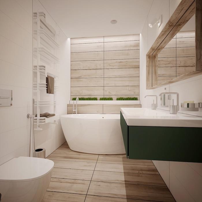 ديكور الحمام ، جو زين ، وحدات موبيليا خضراء ، أرفف بيضاء ، حوض مرحاض أبيض