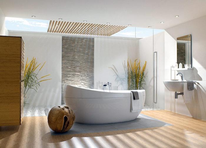 نموذج حمام ، جدران بيضاء ، خزانة ملابس خشبية ، مساحة زين ، نباتات ، صنبور فولاذي