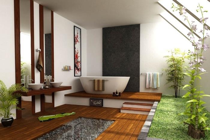 Interiérová dekorácia v ázijskom štýle, akú farbu zdobiť prírodnú kúpeľňu v bielej farbe a dreve so zelenými akcentmi