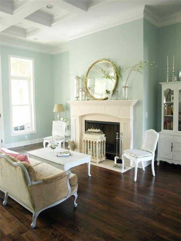 klasická obývačka-modrá-stena-retro-kreslo