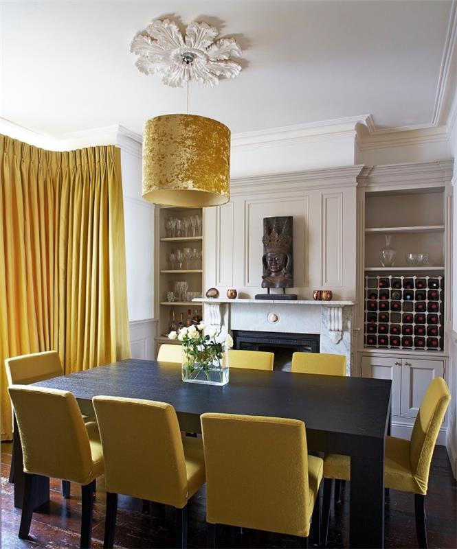 ako vyzdobiť tradičnú jedáleň modernými akcentmi v horčicovej farbe, modelovať dlhé žlté záclony