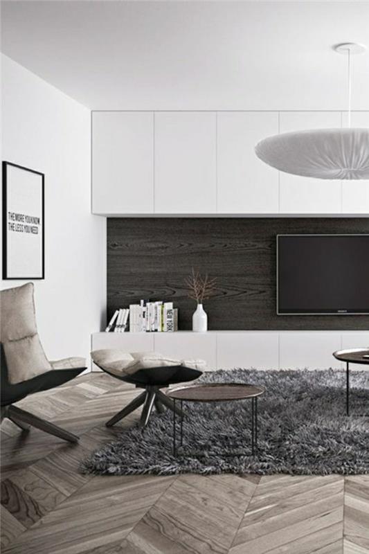chic-vardagsrum-grå-matta-vita-väggar-modern-deco-idé-billig-grå-matta