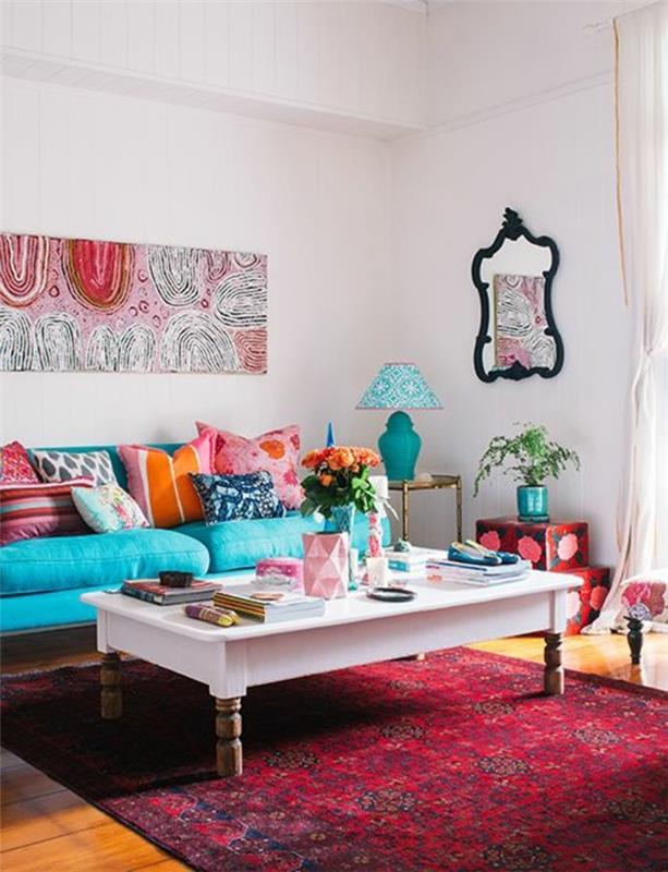 farebný-obývací-červený-koberec-šik-obývacia izba-nábytok-nízky-obývačka-stôl