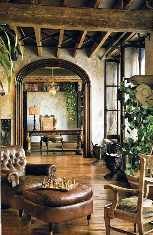obývačka-kožená sedačka-hnedá-koža-zelená-rastliny-podlahy-podlaha-parkety-stará