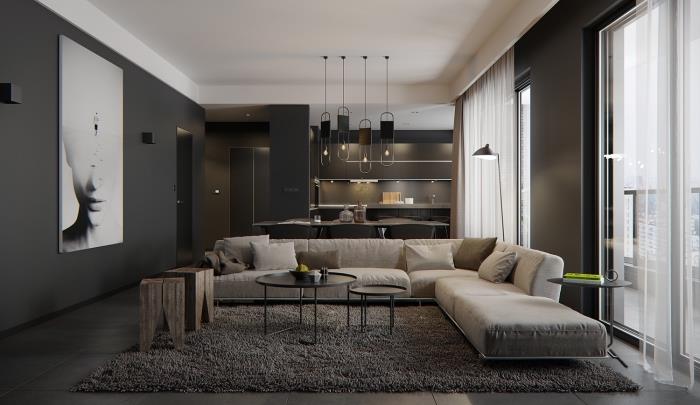 elegant och snygg design i mörkt väggigt vardagsrum med vitt tak och grått golv, beige design soffmodell