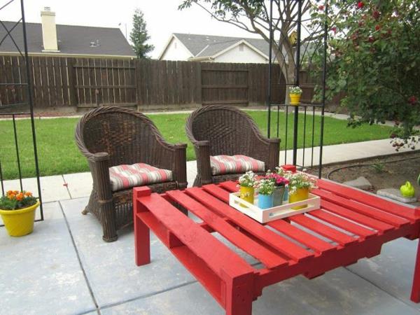 záhradný nábytok-v-palete-červený-stôl-v-palete-a-dve stoličky